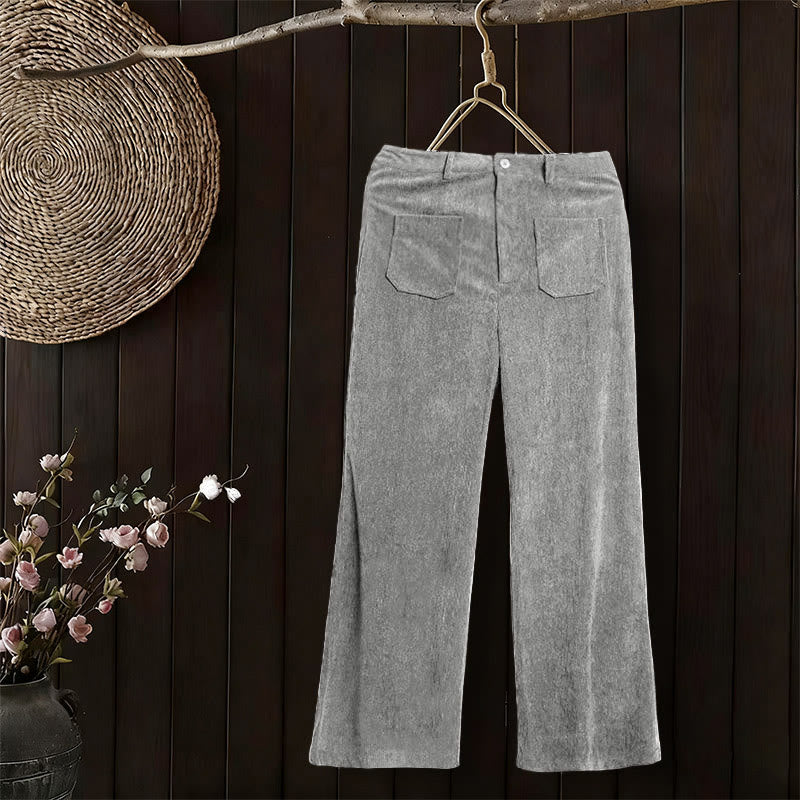 Nimara Ritual Plain Corduroy Polyester Women's Buttons Wide Leg Pants With Pockets