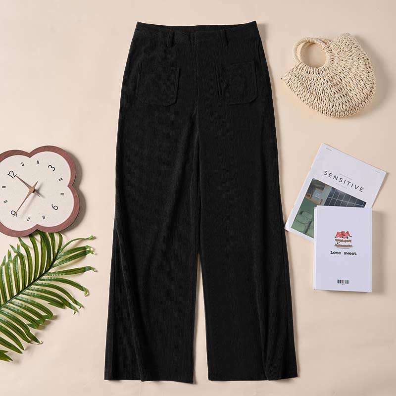 Nimara Ritual Plain Corduroy Polyester Women's Buttons Wide Leg Pants With Pockets