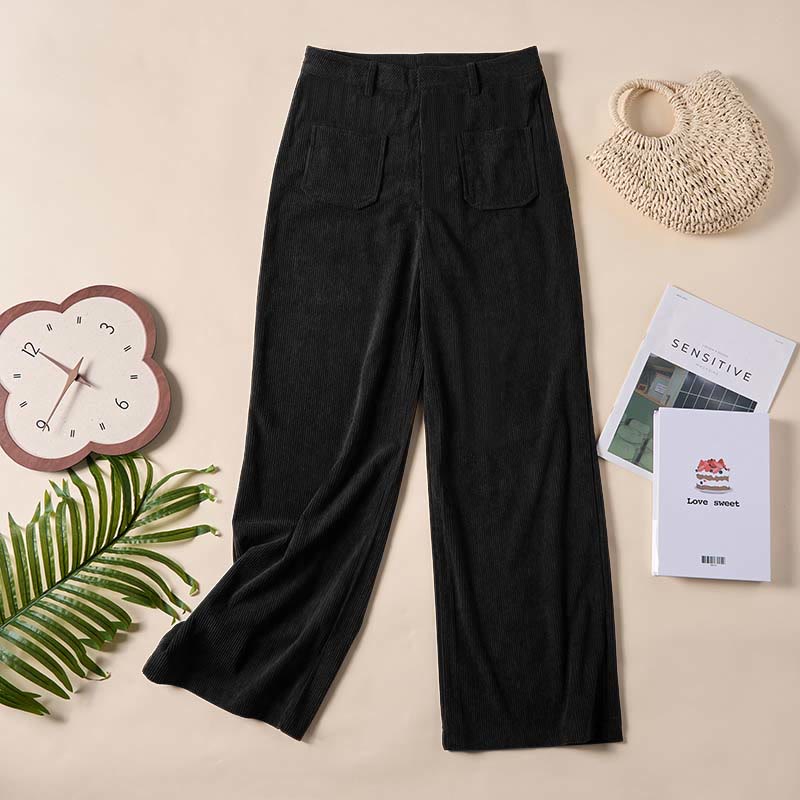 Nimara Ritual Plain Corduroy Polyester Women's Buttons Wide Leg Pants With Pockets