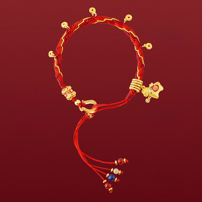 Nimara Ritual Copper Plated 18k Gold Year Of The Horse Fu Character Red String Luck Braided Bracelet
