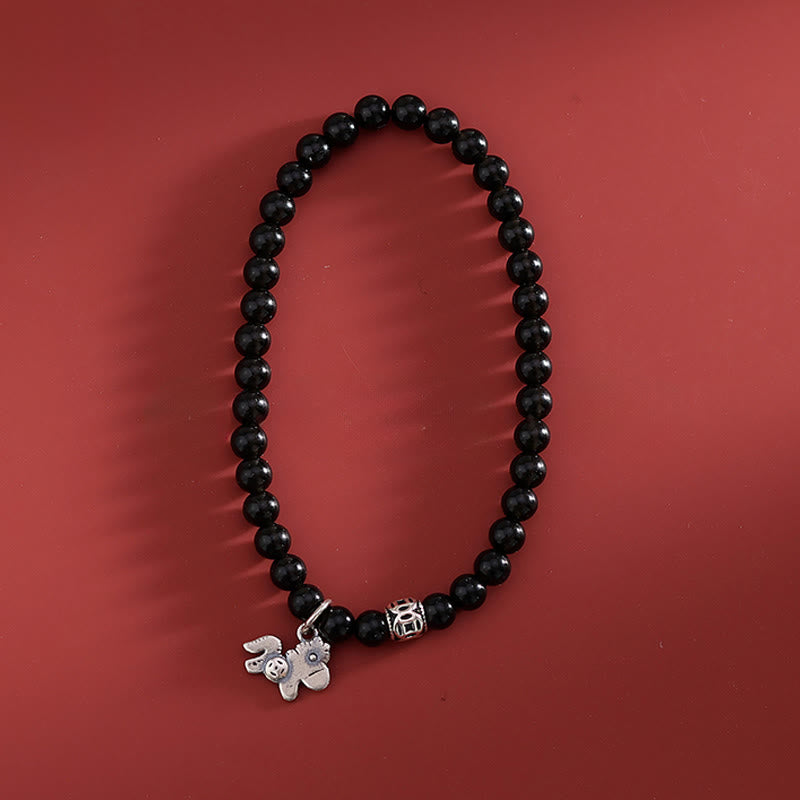 Nimara Ritual Year Of The Horse 925 Sterling Silver Natural Black Obsidian Strength Bracelet