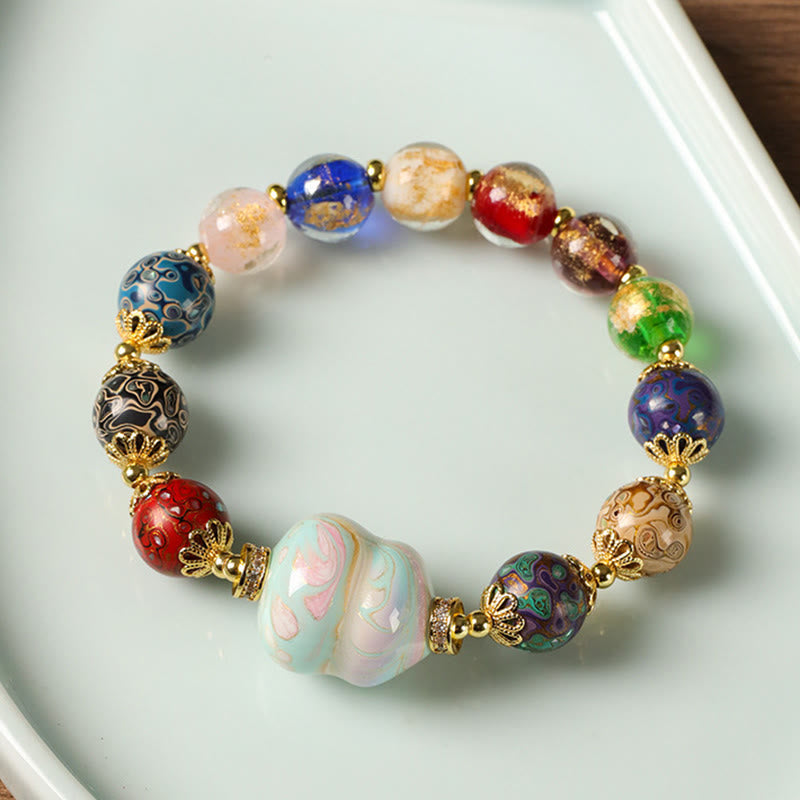 Nimara Ritual Colorful Liuli Glass Sandalwood Gourd Bead Lacquer Craft Bracelet
