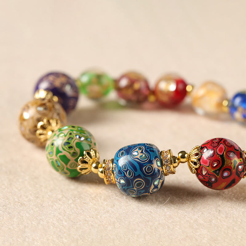 Nimara Ritual Colorful Liuli Glass Sandalwood Gourd Bead Lacquer Craft Bracelet