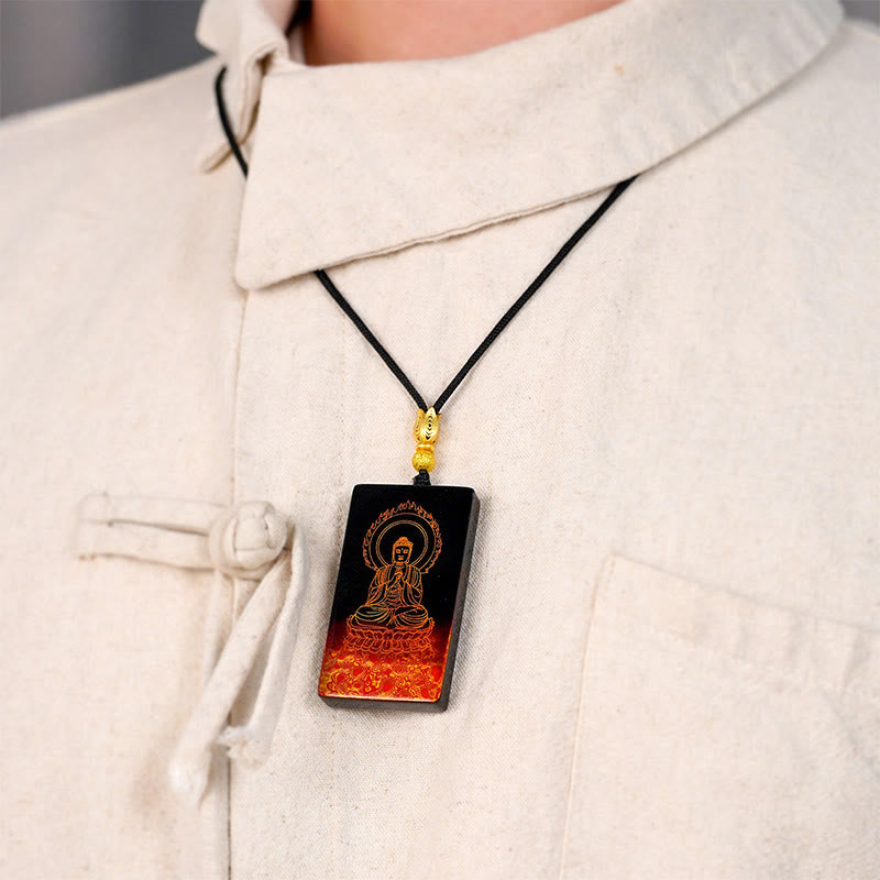 Nimara Ritual Chinese Zodiac Natal Buddha Fu Character Lacquer Craft Sandalwood Pendant Necklace