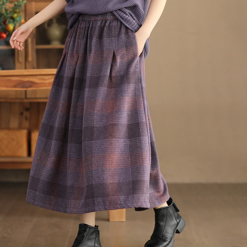Nimara Ritual Women's Winter Plaid Pattern Thermal 7-8 Length Skirt With Pockets