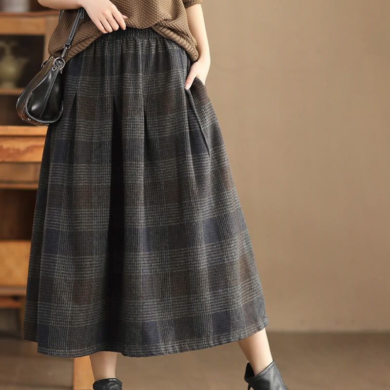 Nimara Ritual Women's Winter Plaid Pattern Thermal 7-8 Length Skirt With Pockets