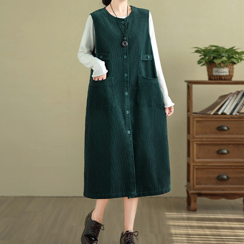 Nimara Ritual Pure Colo Buttons Sleeveless Midi Dress With Pockets