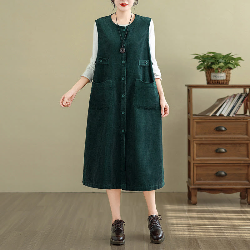 Nimara Ritual Pure Colo Buttons Sleeveless Midi Dress With Pockets