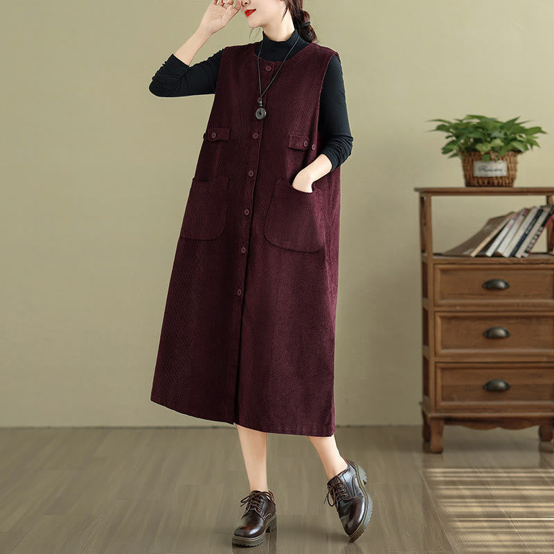 Nimara Ritual Pure Colo Buttons Sleeveless Midi Dress With Pockets