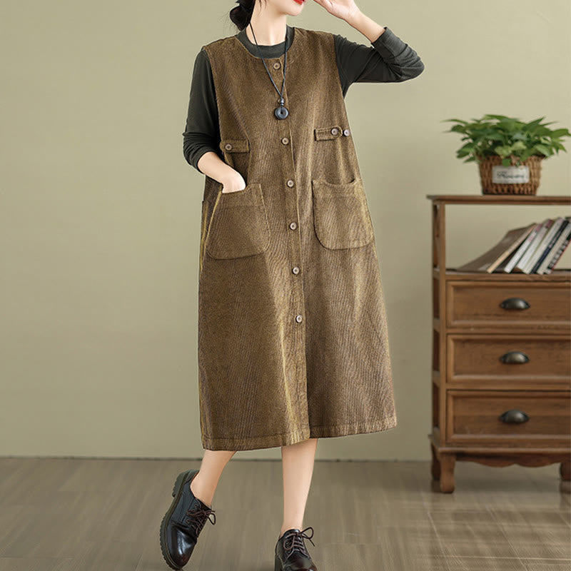 Nimara Ritual Pure Colo Buttons Sleeveless Midi Dress With Pockets