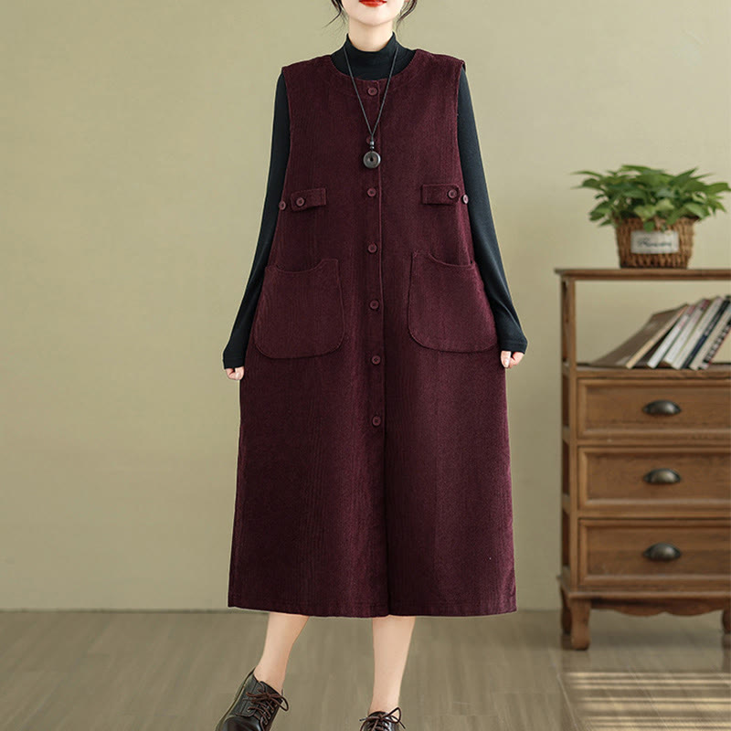Nimara Ritual Pure Colo Buttons Sleeveless Midi Dress With Pockets