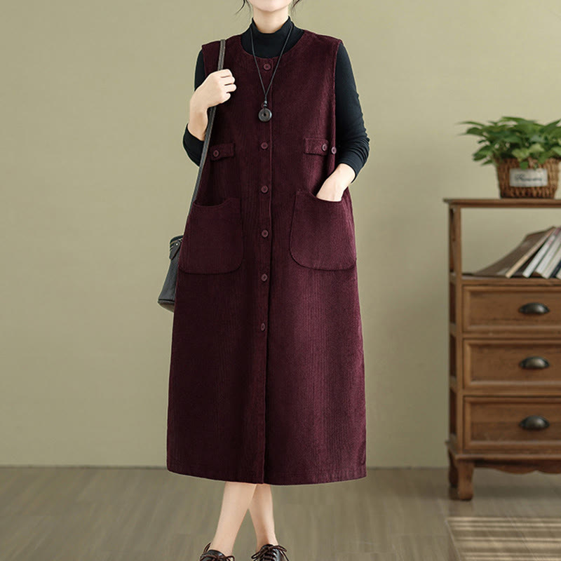 Nimara Ritual Pure Colo Buttons Sleeveless Midi Dress With Pockets