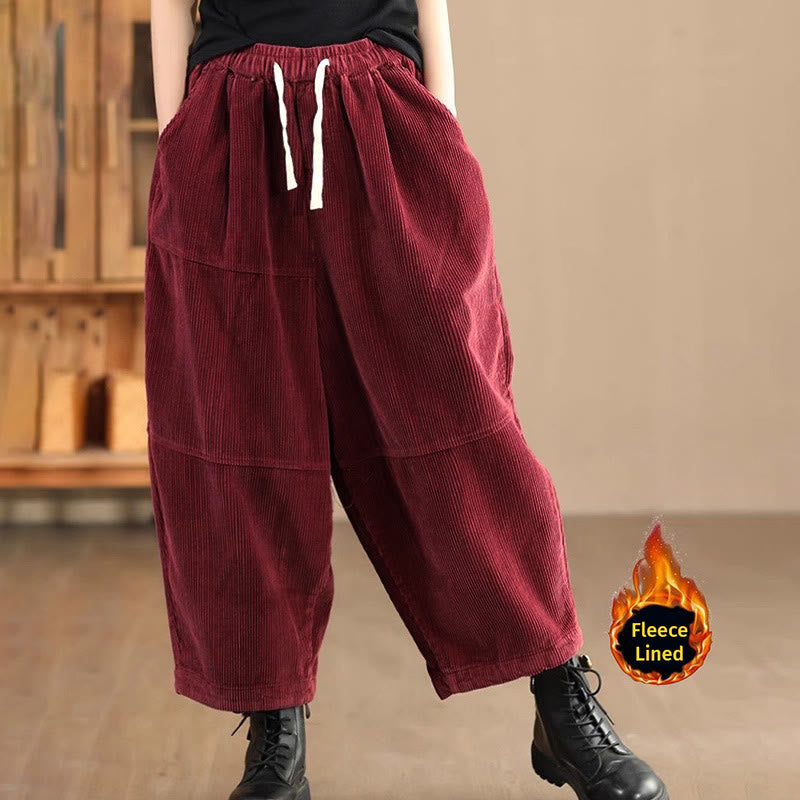 Nimara Ritual Women's Drawstring Design Cotton Corduroy Thermal Fleece-Lined Pants With Pockets