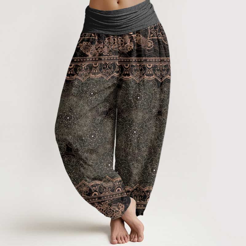 Nimara Ritual Pure Cotton Elegant Mandala Flowers Design Women's Elastic Waist Harem Pants