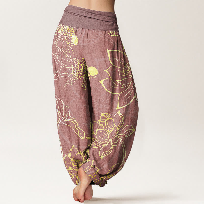 Nimara Ritual Pure Cotton Lotus Leaf Koi Fish Women's Elastic Waist Harem Pants