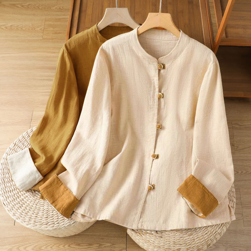 Nimara Ritual Color Contrast Design Chinese Frog-Button Long Sleeve Women's Linen Shirt