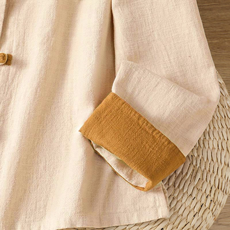 Nimara Ritual Color Contrast Design Chinese Frog-Button Long Sleeve Women's Linen Shirt