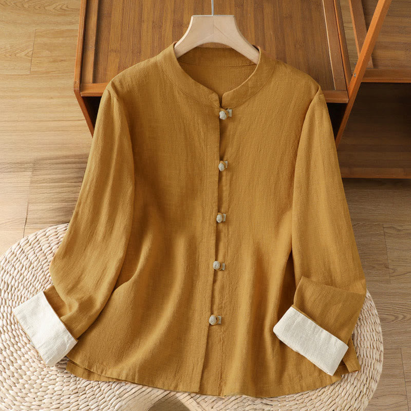 Nimara Ritual Color Contrast Design Chinese Frog-Button Long Sleeve Women's Linen Shirt
