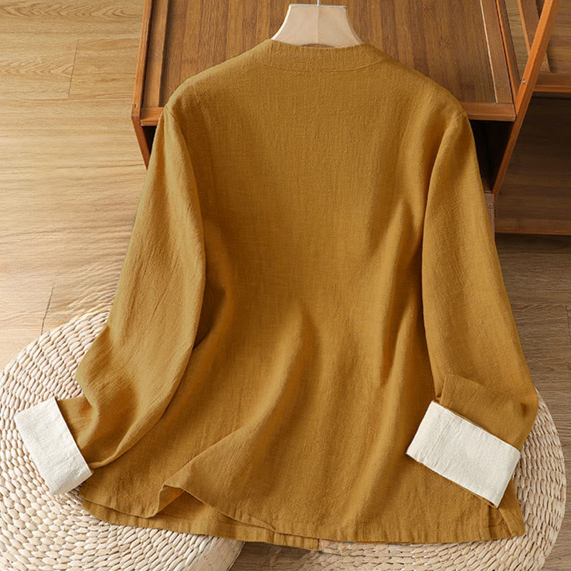 Nimara Ritual Color Contrast Design Chinese Frog-Button Long Sleeve Women's Linen Shirt