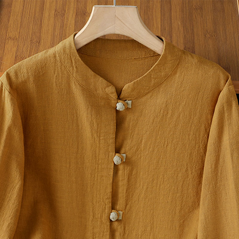 Nimara Ritual Color Contrast Design Chinese Frog-Button Long Sleeve Women's Linen Shirt