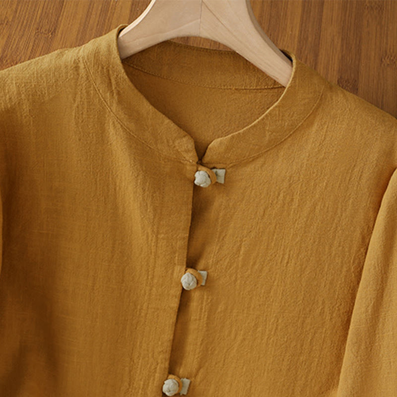 Nimara Ritual Color Contrast Design Chinese Frog-Button Long Sleeve Women's Linen Shirt