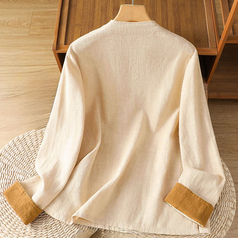 Nimara Ritual Color Contrast Design Chinese Frog-Button Long Sleeve Women's Linen Shirt