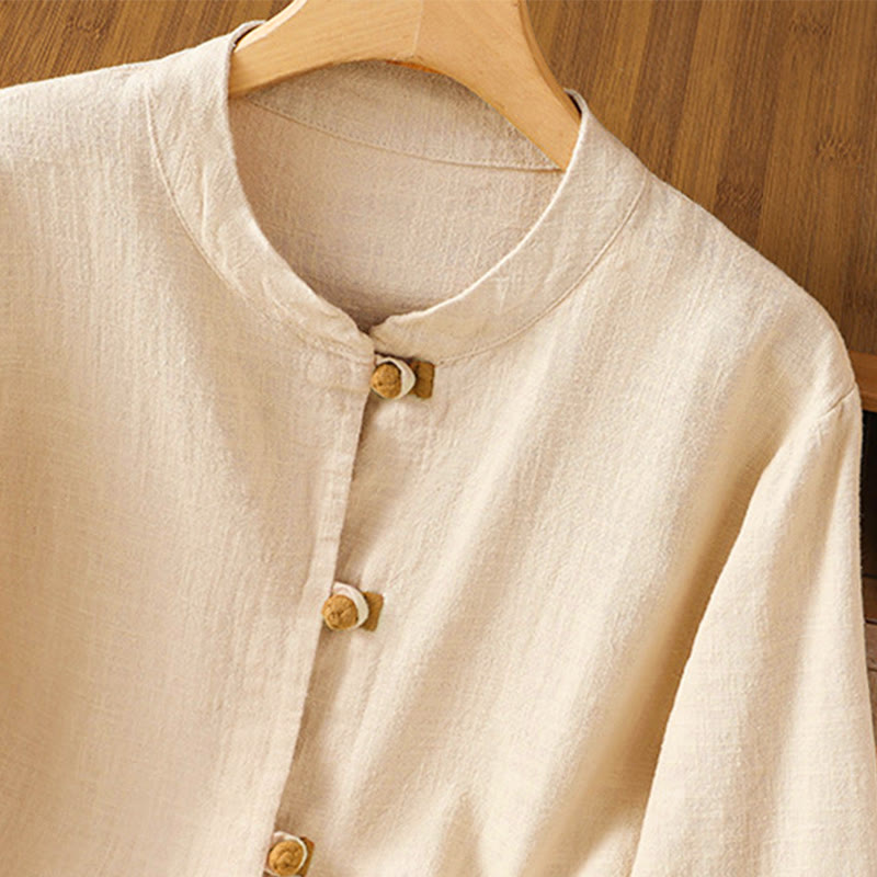 Nimara Ritual Color Contrast Design Chinese Frog-Button Long Sleeve Women's Linen Shirt