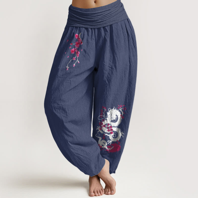 Nimara Ritual Dragon Cherry Blossoms Pattern Women's Elastic Waist Harem Cotton Pants