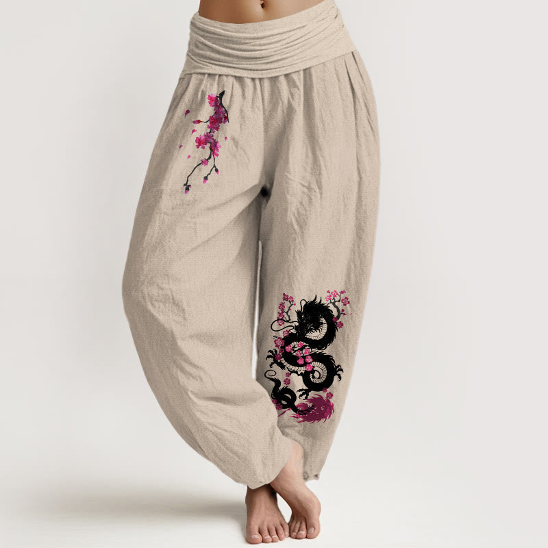 Nimara Ritual Dragon Cherry Blossoms Pattern Women's Elastic Waist Harem Cotton Pants