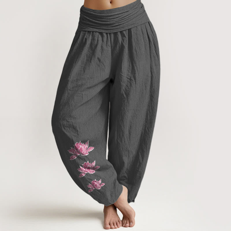 Nimara Ritual Casual Lotus Pattern Pure Cotton Women's Elastic Waist Harem Pants
