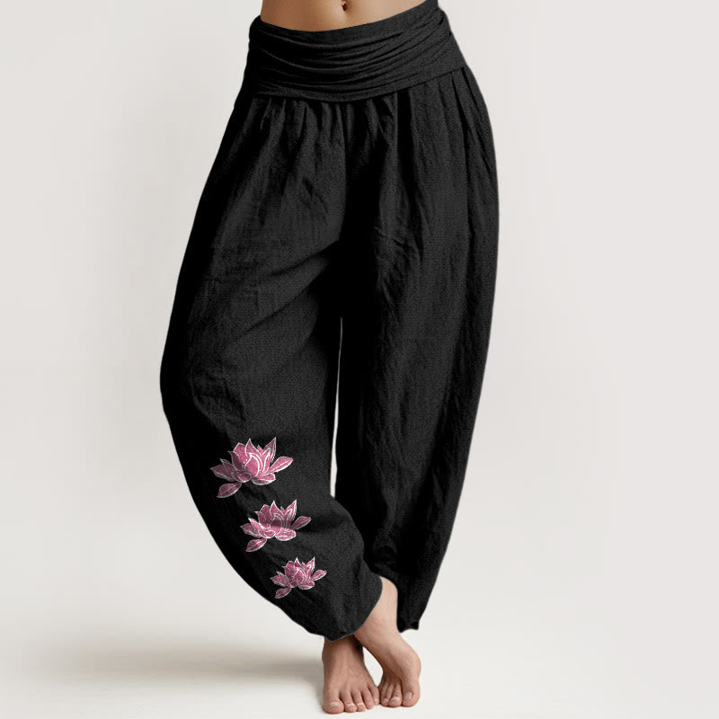 Nimara Ritual Casual Lotus Pattern Pure Cotton Women's Elastic Waist Harem Pants