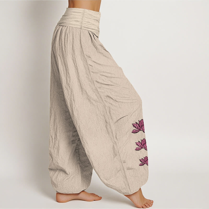 Nimara Ritual Casual Lotus Pattern Pure Cotton Women's Elastic Waist Harem Pants