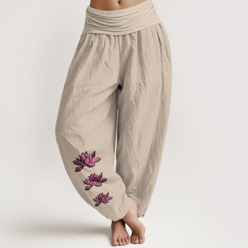 Nimara Ritual Casual Lotus Pattern Pure Cotton Women's Elastic Waist Harem Pants