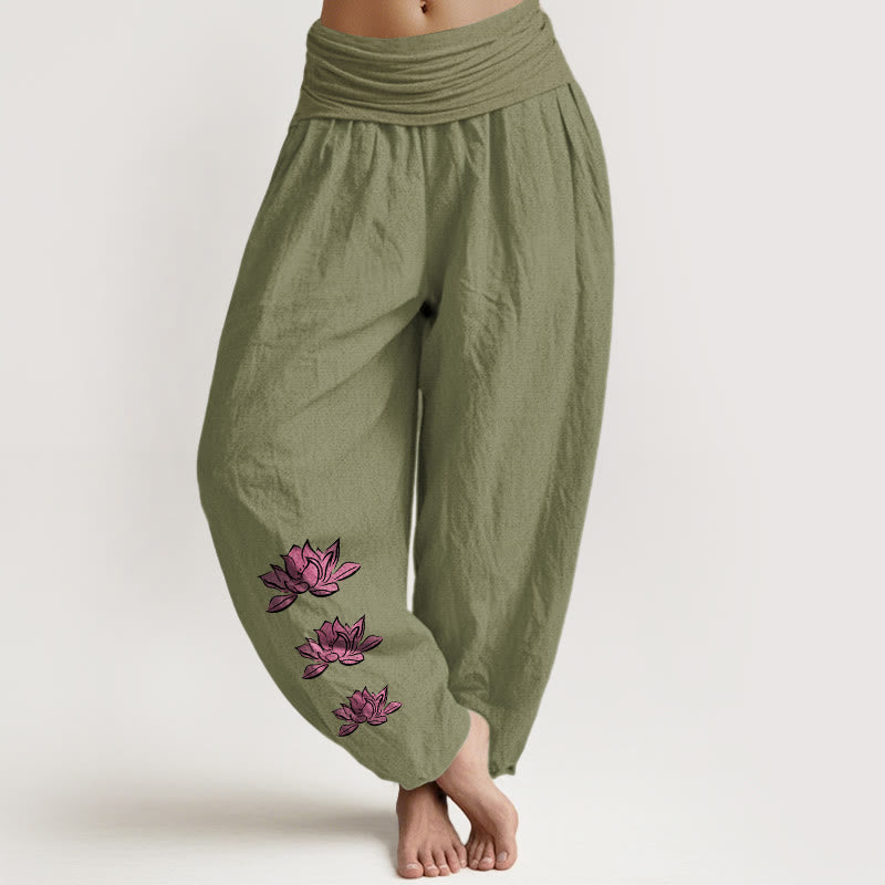 Nimara Ritual Casual Lotus Pattern Pure Cotton Women's Elastic Waist Harem Pants