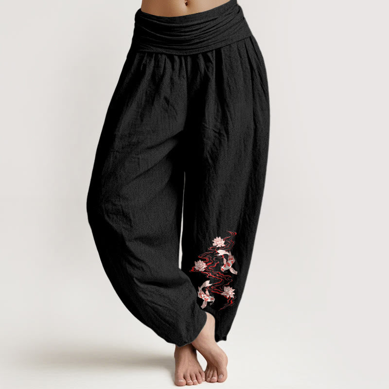 Nimara Ritual Pure Cotton Lotus Koi Fish River Pattern Women's Elastic Waist Harem Pants