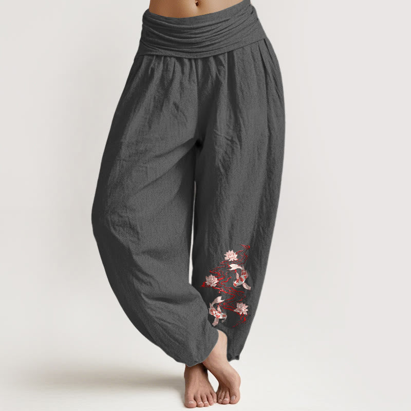 Nimara Ritual Pure Cotton Lotus Koi Fish River Pattern Women's Elastic Waist Harem Pants