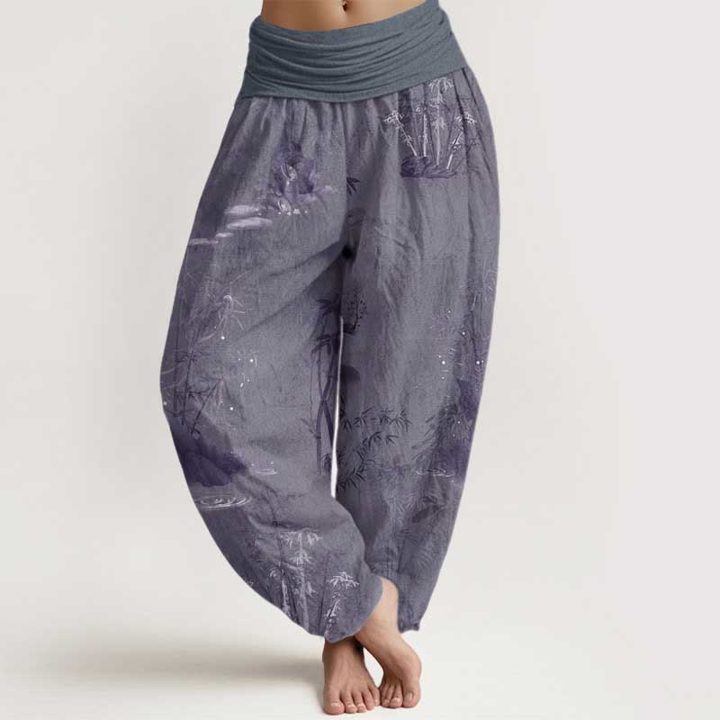 Nimara Ritual Pure Cotton Casual Bamboo Rock Ink Painting Women's Elastic Waist Harem Pants