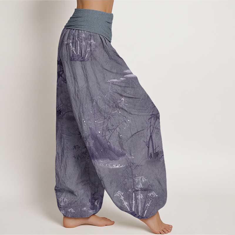 Nimara Ritual Pure Cotton Casual Bamboo Rock Ink Painting Women's Elastic Waist Harem Pants