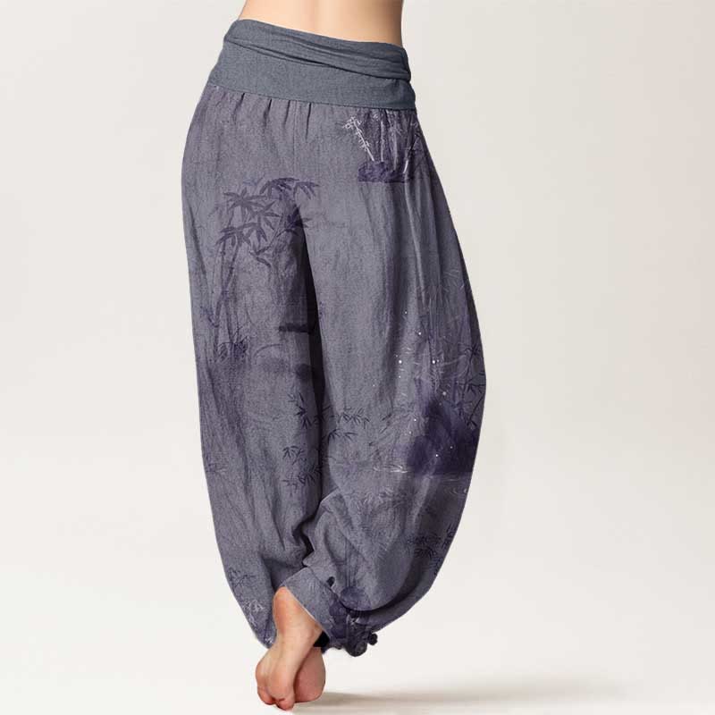 Nimara Ritual Pure Cotton Casual Bamboo Rock Ink Painting Women's Elastic Waist Harem Pants