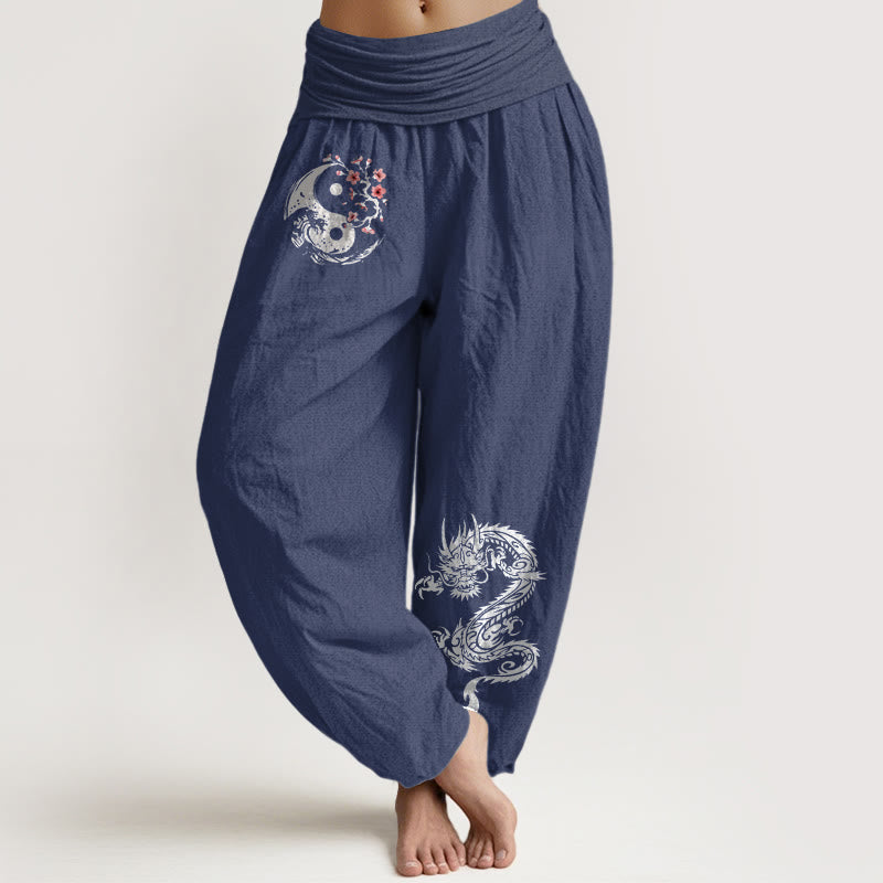 Nimara Ritual Dragon Yin Yang Waves Flower Pattern Pure Cotton Women's Elastic Waist Harem Pants