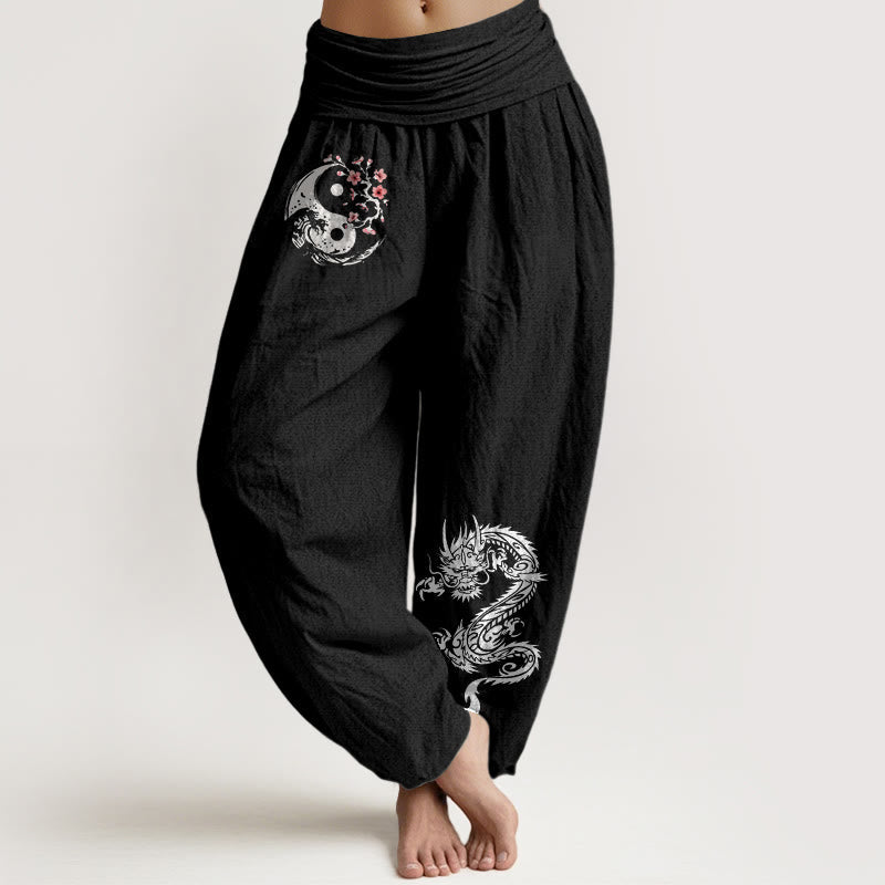 Nimara Ritual Dragon Yin Yang Waves Flower Pattern Pure Cotton Women's Elastic Waist Harem Pants