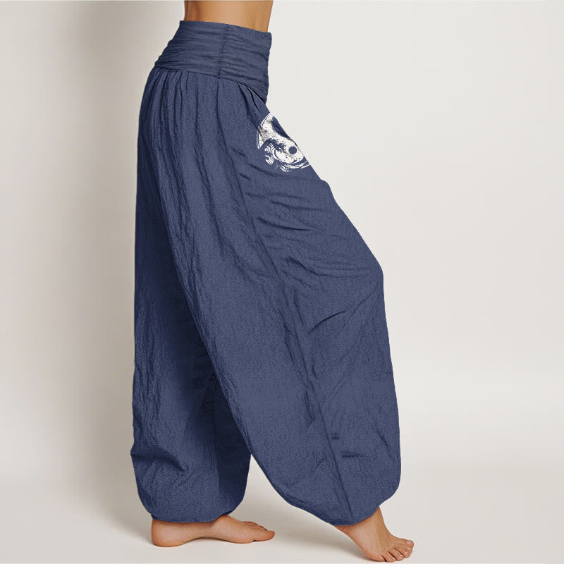Nimara Ritual Dragon Yin Yang Waves Flower Pattern Pure Cotton Women's Elastic Waist Harem Pants