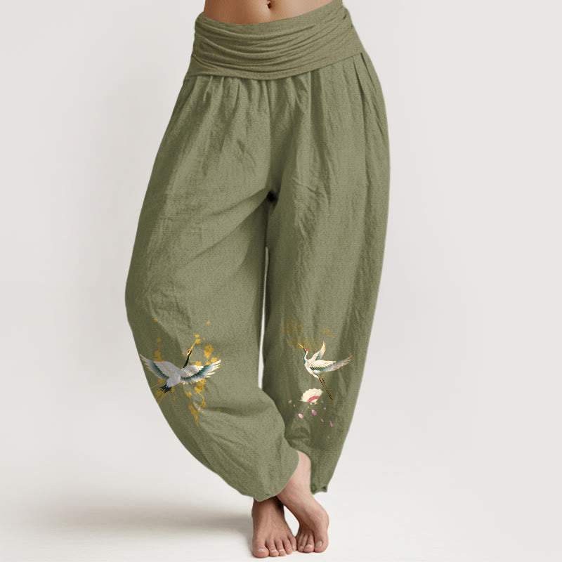 Nimara Ritual Crane Auspicious Clouds Flower Pattern Pure Cotton Women's Elastic Waist Harem Pants