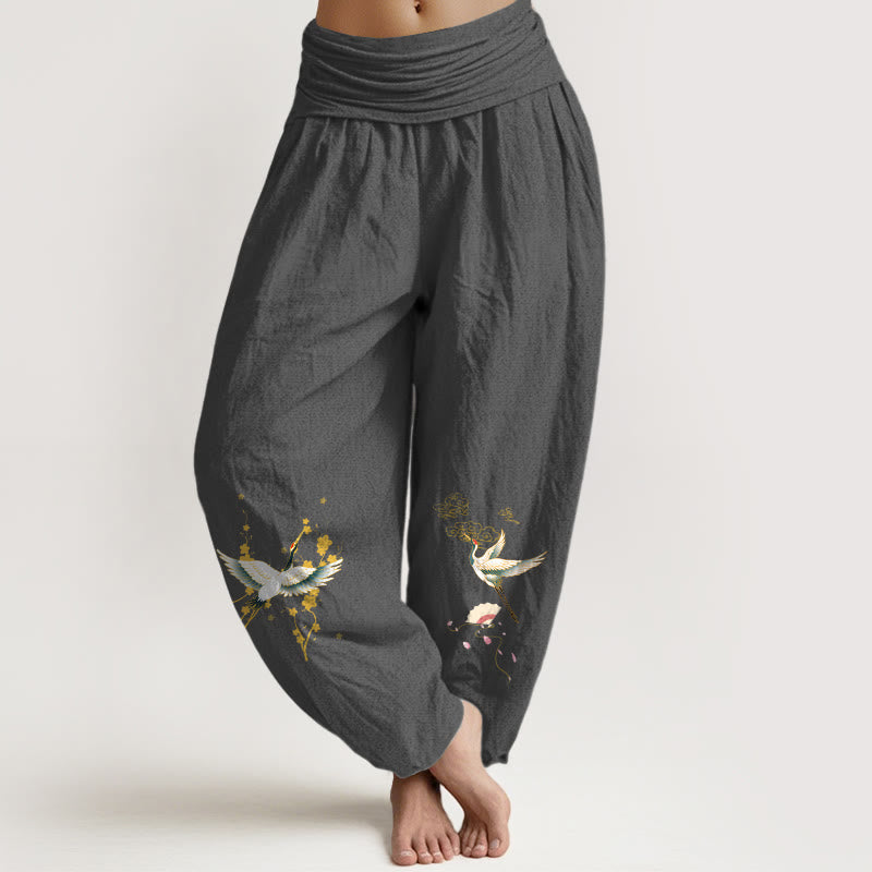 Nimara Ritual Crane Auspicious Clouds Flower Pattern Pure Cotton Women's Elastic Waist Harem Pants