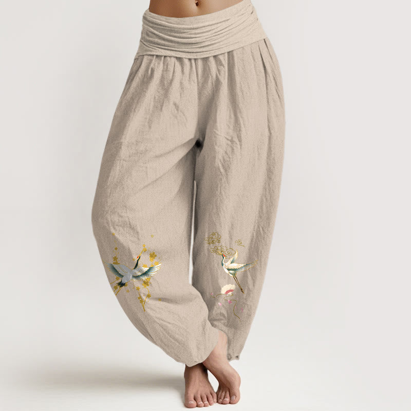 Nimara Ritual Crane Auspicious Clouds Flower Pattern Pure Cotton Women's Elastic Waist Harem Pants