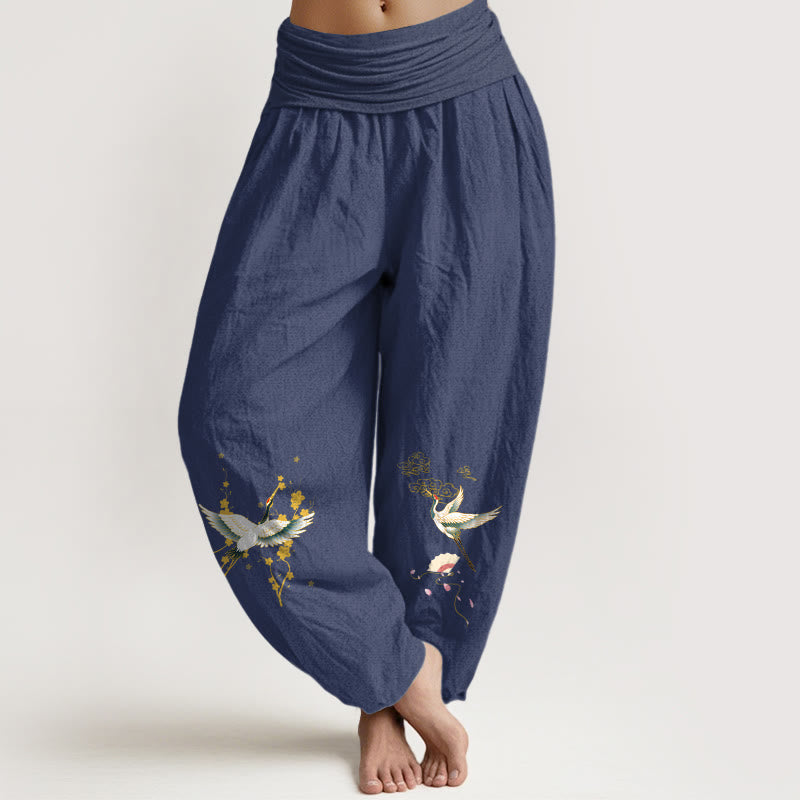 Nimara Ritual Crane Auspicious Clouds Flower Pattern Pure Cotton Women's Elastic Waist Harem Pants