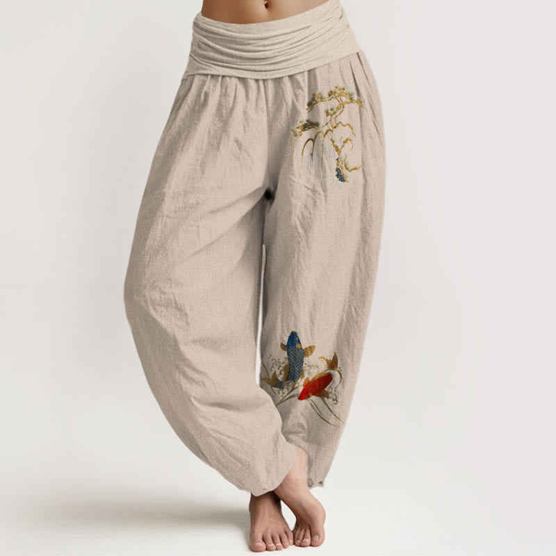 Nimara Ritual Pure Cotton Pine Tree Koi Fish Pattern Women's Elastic Waist Harem Pants