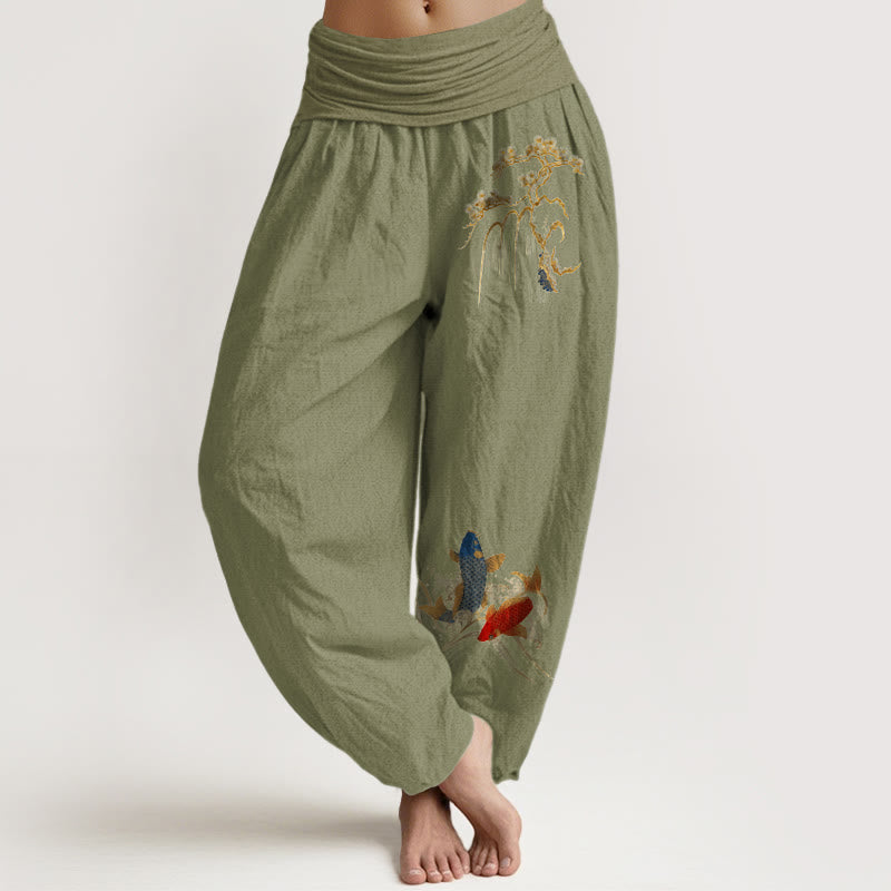 Nimara Ritual Pure Cotton Pine Tree Koi Fish Pattern Women's Elastic Waist Harem Pants