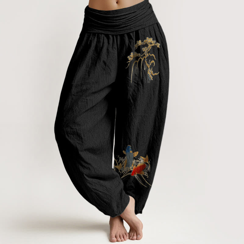 Nimara Ritual Pure Cotton Pine Tree Koi Fish Pattern Women's Elastic Waist Harem Pants