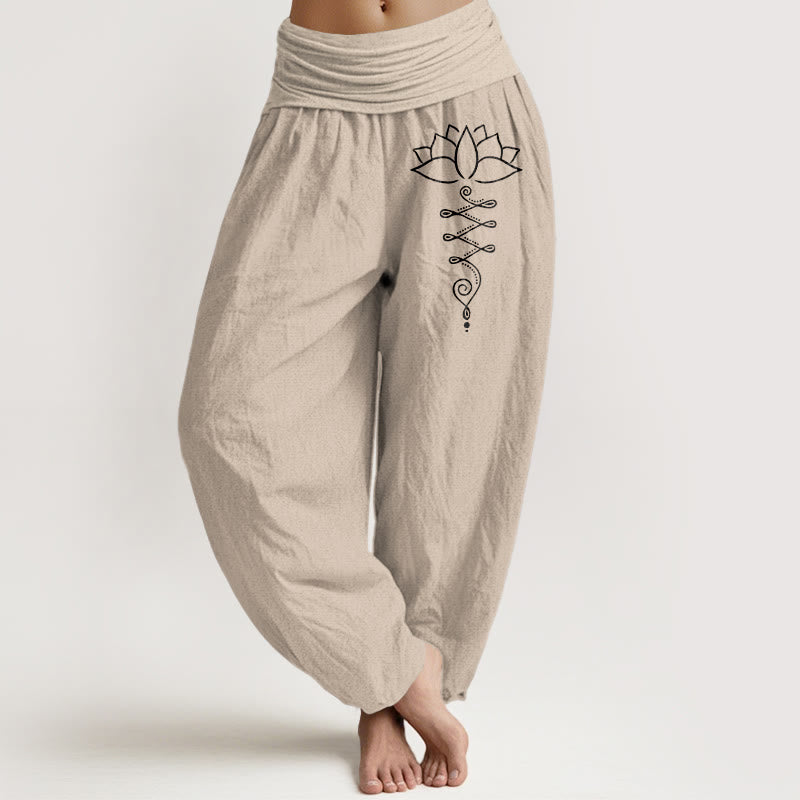 Nimara Ritual Unalome Symbol Lotus Flower Pattern Women's Elastic Waist Harem Cotton Pants